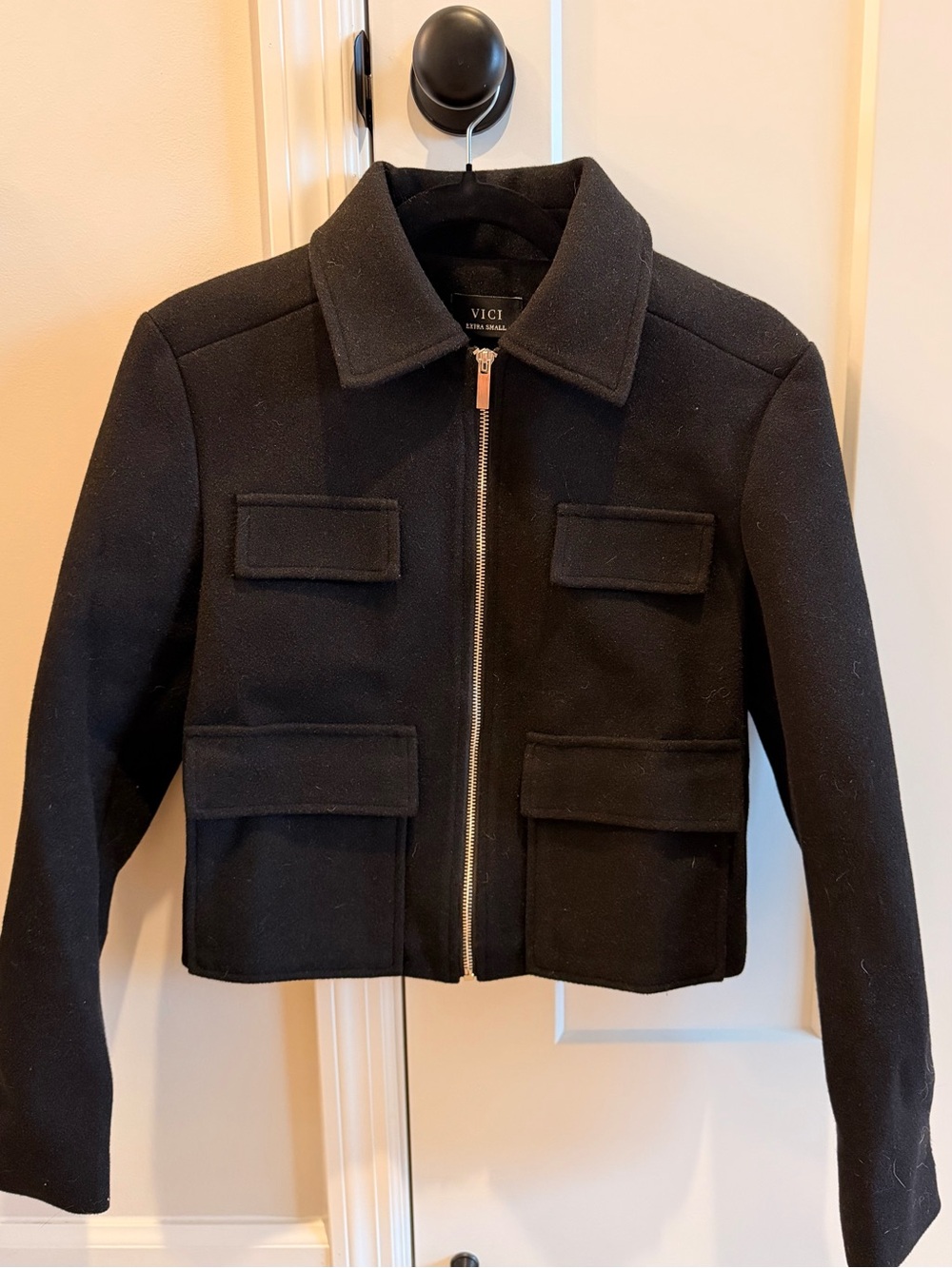 VICI Cropped Black Boxy Zip-Up Wool Jacket